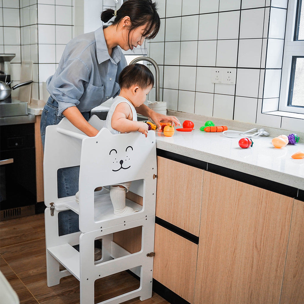 Convertible Wooden Learning Tower with Blackboard - White